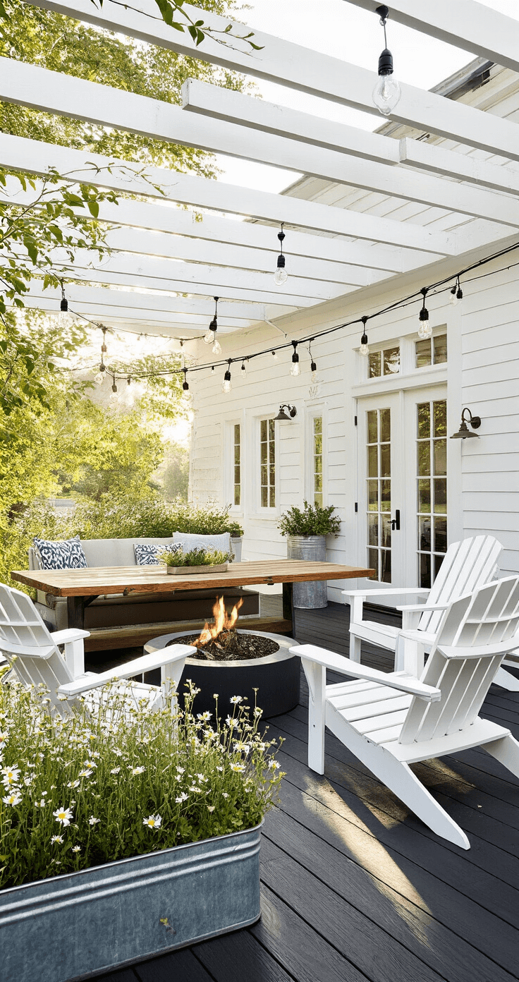 An L-shaped black deck surrounding a whitewashed farmhouse features a raw wood dining table for eight under string lights, white Adirondack chairs around a modern fire pit, and vintage galvanized containers filled with wildflowers, all enhanced by mid-morning sunlight casting shadows through pergola slats.