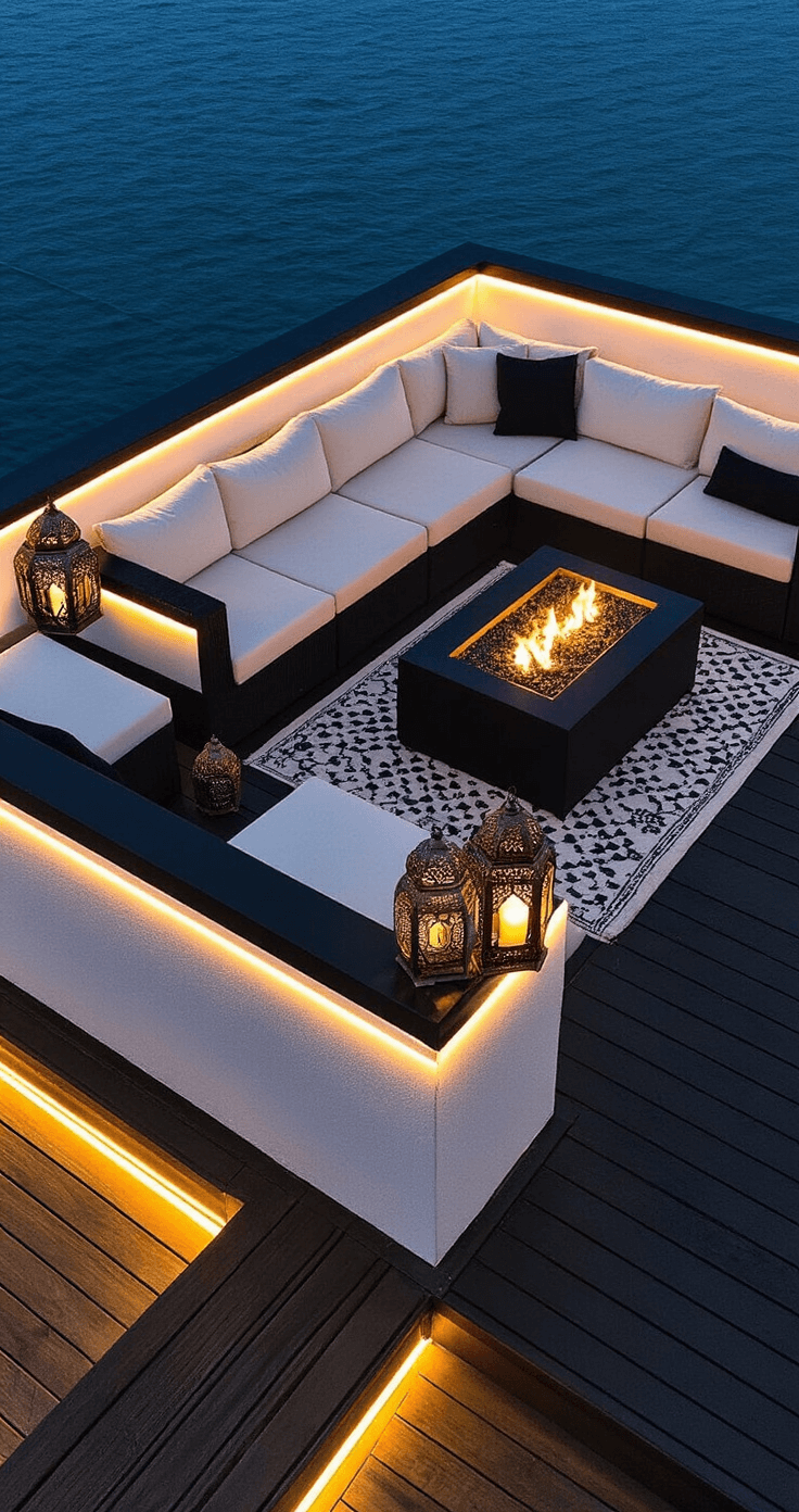A high-angle view of a 400sq ft black deck at nighttime, featuring embedded LED strip lighting and Moroccan lanterns. A low modern cream canvas sectional surrounds a geometric outdoor rug, with a copper fire table at the center, all illuminated in a calming blue hour glow.