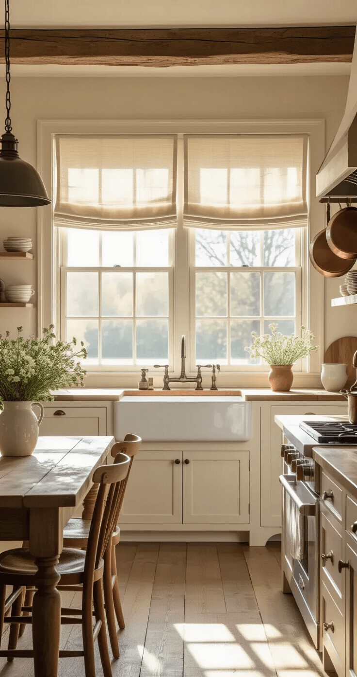 A sunlit farmhouse kitchen with exposed wooden beams, featuring a large double-hung window and natural linen Roman shades. A butcher block island and vintage copper pots evoke warmth, complemented by a worn wooden table with mismatched chairs adorned with fresh wildflowers. The color palette includes creamy whites, warm woods, and aged copper accents.