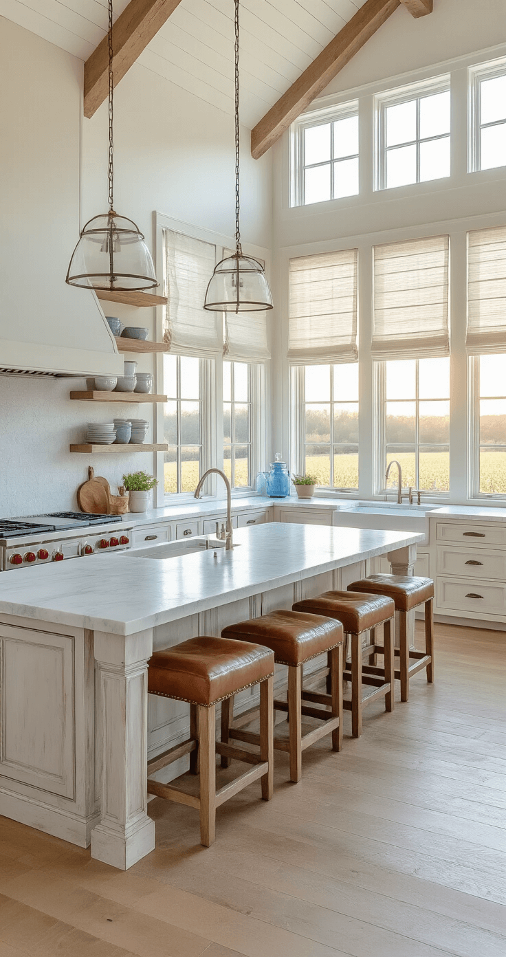 Expansive farmhouse kitchen with vaulted ceilings, featuring warm golden hour light, distressed wooden blinds, a large cooking range, a massive marble-topped island with weathered leather stools, and open shelving displaying ironstone dishes and blue mason jars, all in a crisp white, warm grey, and cornflower blue color scheme.