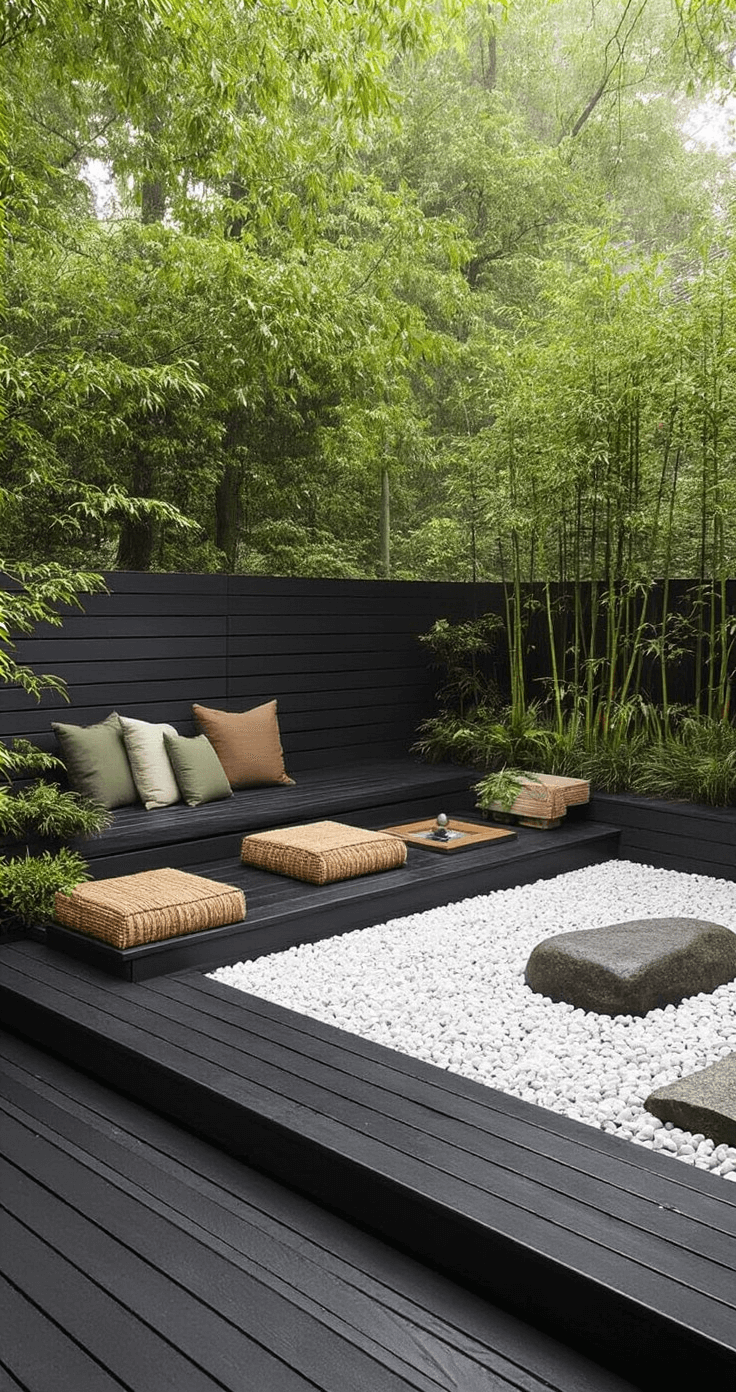 Intimate black deck retreat featuring built-in cedar benches, a meditation area, and a white rock garden with a bamboo water feature, all captured in soft morning mist with natural fiber cushions in earth tones.