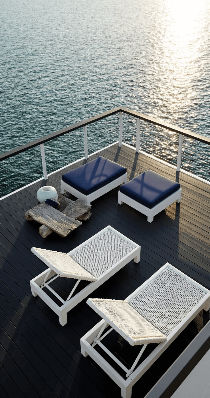 Aerial view of a 700 sq ft multi-level black deck with glass railings, featuring white mesh loungers with navy cushions, set against a waterfront with sparkling water in the late afternoon sun. Nautical details include rope accents and weathered teak elements, highlighting the deck's connection to its coastal environment.