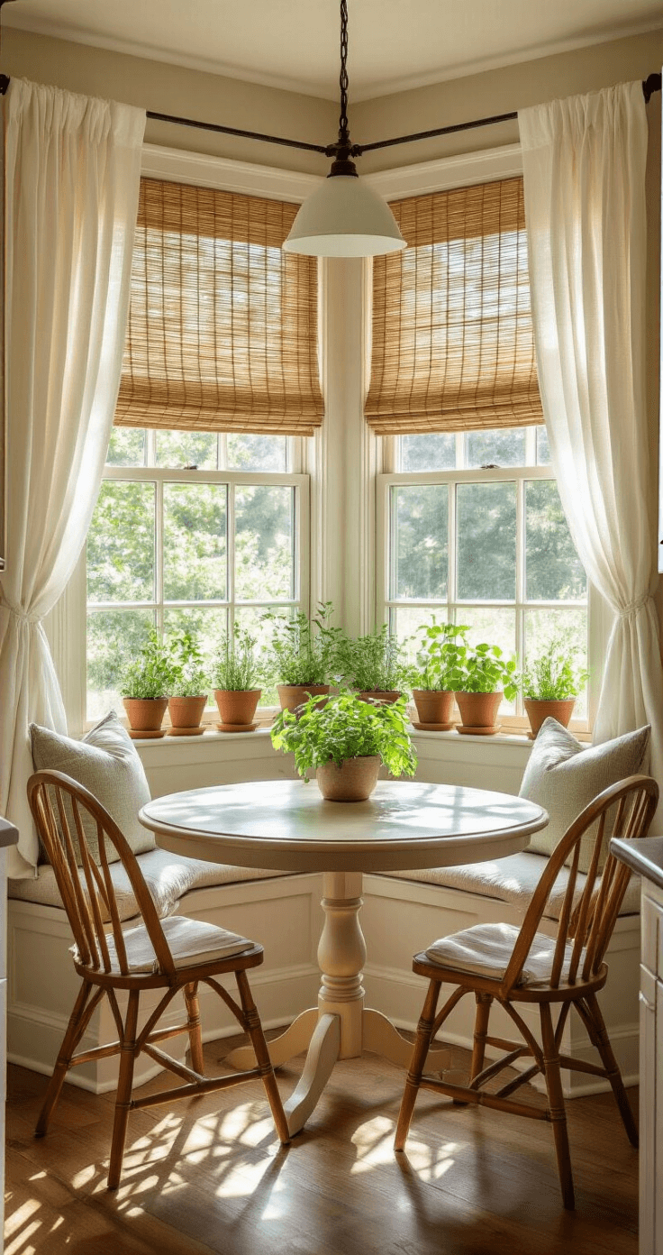 A cozy farmhouse kitchen nook with a bay window, featuring soft midday light filtering through bamboo woven shades and sheer white curtains. A built-in window seat adorned with layered textures, complemented by a round pedestal table and curved Windsor chairs. Potted herbs on the windowsill casting intricate shadows, all in a color palette of warm neutrals, sage green, and terracotta.