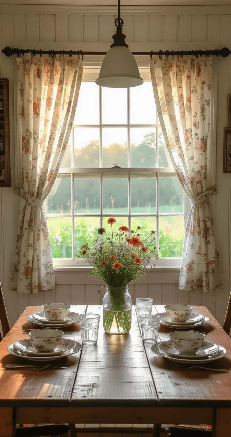 A cozy farmhouse kitchen with beadboard wainscoting, adorned with vintage floral cafe curtains, is illuminated by warm evening light. A rustic table set for dinner with mismatched china and wildflower centerpieces sits beneath a large picture window overlooking a vibrant vegetable garden. Faded pastels and creamy whites create a charming color palette.
