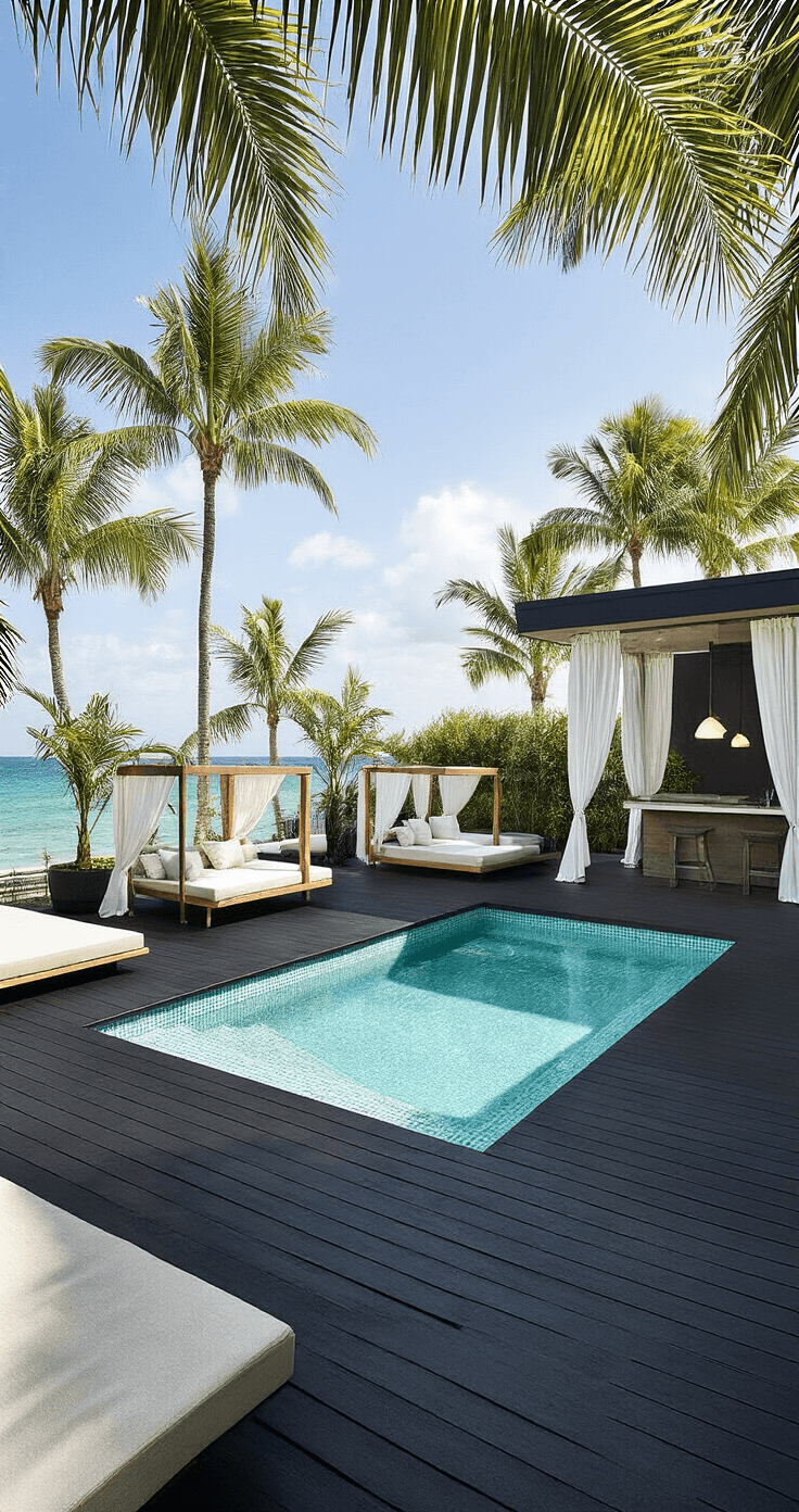 Aerial view of a 900 sq ft black deck surrounding an infinity pool, featuring oversized palm fronds providing shade over teak daybeds with white curtains. The turquoise pool tiles contrast with the black decking, and a built-in bar with pendant lighting is visible. Mid-day lighting enhances the scene's vibrancy while minimizing reflections.