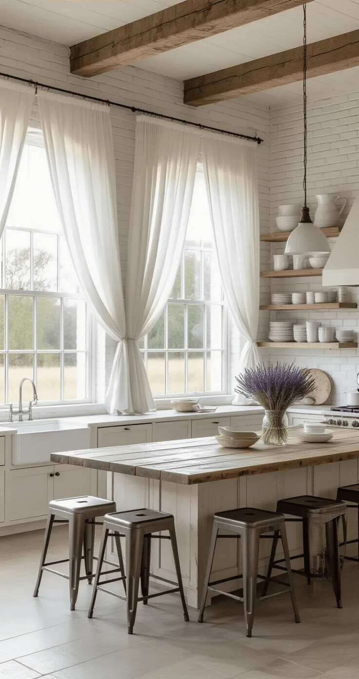 Airy farmhouse kitchen with whitewashed brick walls, floor-to-ceiling sheer drapes, reclaimed wood island, industrial stools, and open shelving showcasing white ironstone and glass, illuminated by soft twilight.