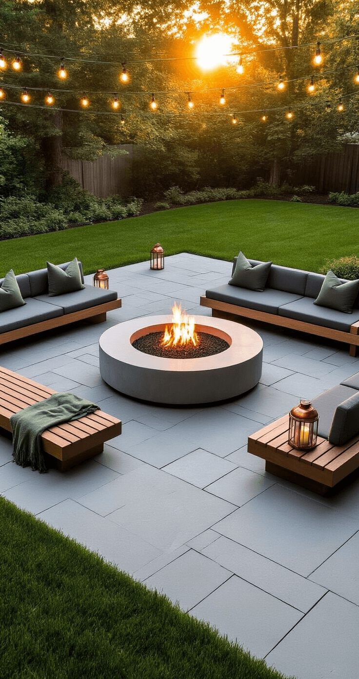 A spacious modern backyard at golden hour features a sleek gray concrete fire pit surrounded by manicured grass and a natural stone patio. Four low-profile teak benches with charcoal cushions are arranged in a square, complemented by copper lanterns and sage green throw blankets. String lights overhead create an ambient glow, with soft natural lighting and a slight lens flare, setting a mood of sophisticated casual entertaining.