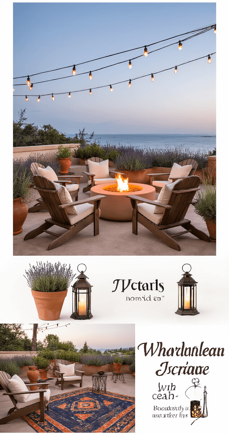 A cozy Mediterranean terrace at dusk features a terra cotta-tinted fire pit surrounded by weathered wooden Adirondack chairs with cream cushions, forming a conversation circle. Terracotta planters with lavender and rosemary frame the setting, while wrought iron side tables support vintage hurricane lamps. A textured navy and rust outdoor rug anchors the space, enhanced by romantic mood lighting from copper string lights and the flickering flame of the fire pit.