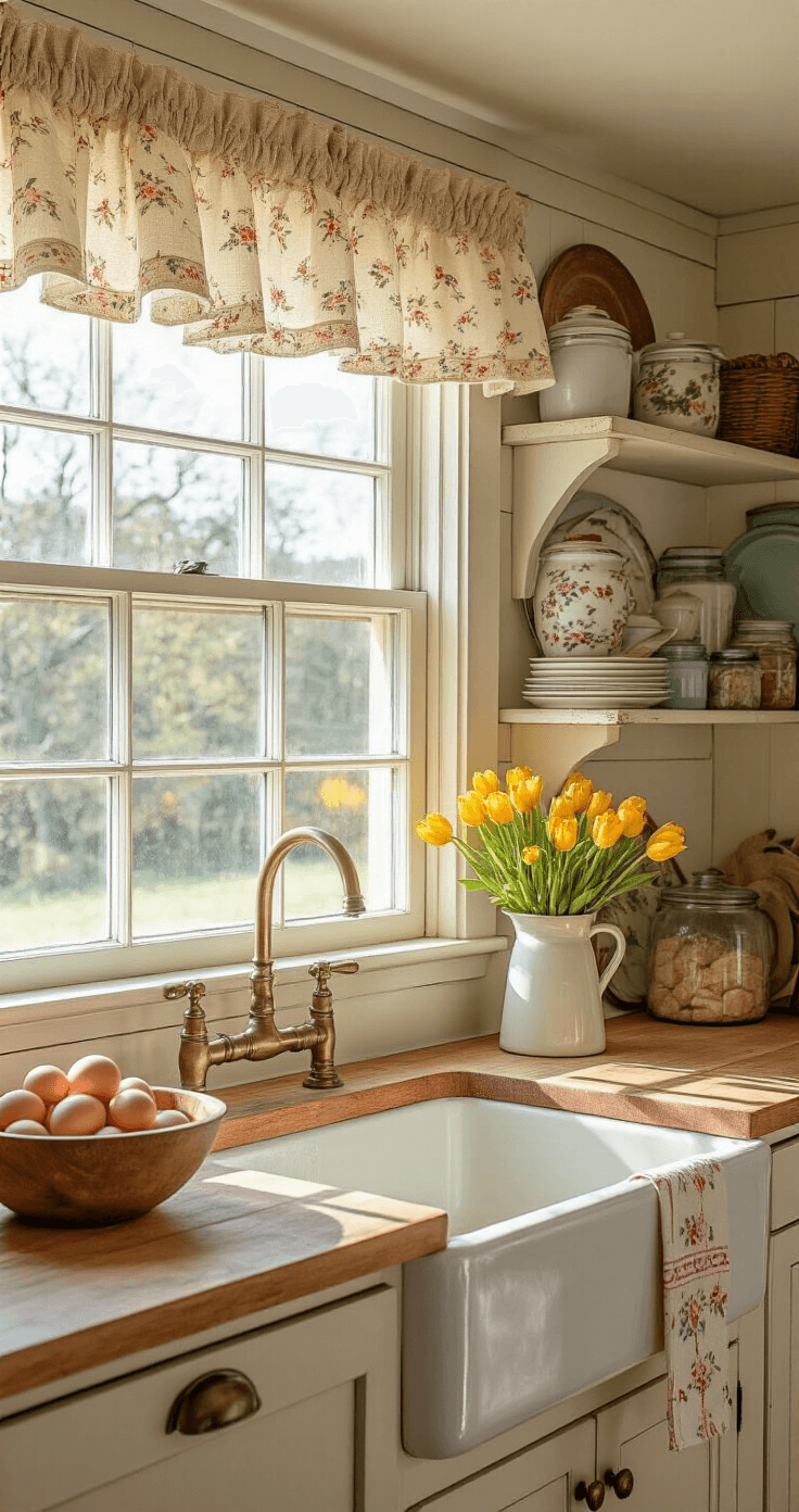 A close-up of a quaint farmhouse kitchen window, featuring ruffled burlap valance and vintage handkerchief tiered curtains, with morning sunlight illuminating the textures, framed by warm neutrals and cheerful yellow accents.