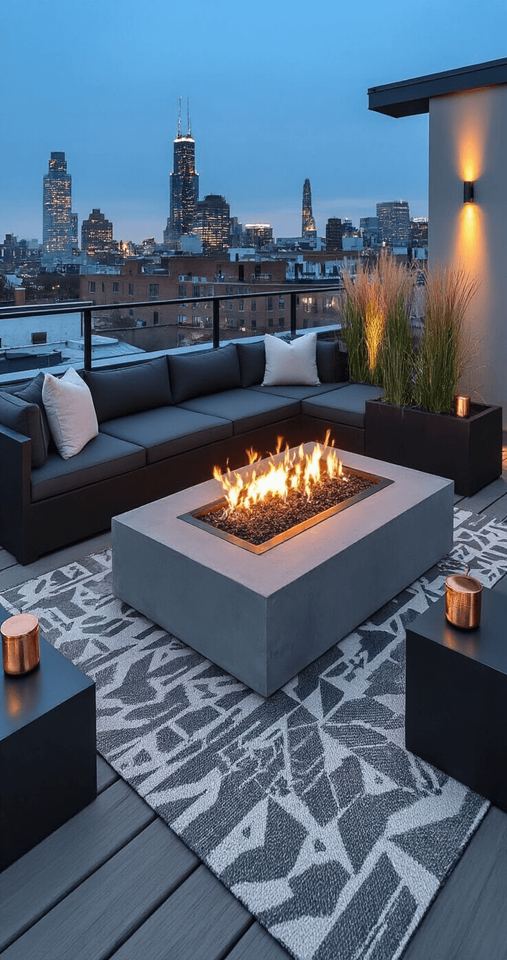 Industrial chic rooftop patio featuring a raw concrete fire pit, charcoal sectional sofa, city lights in the background, and modern decor elements, all illuminated during blue hour.