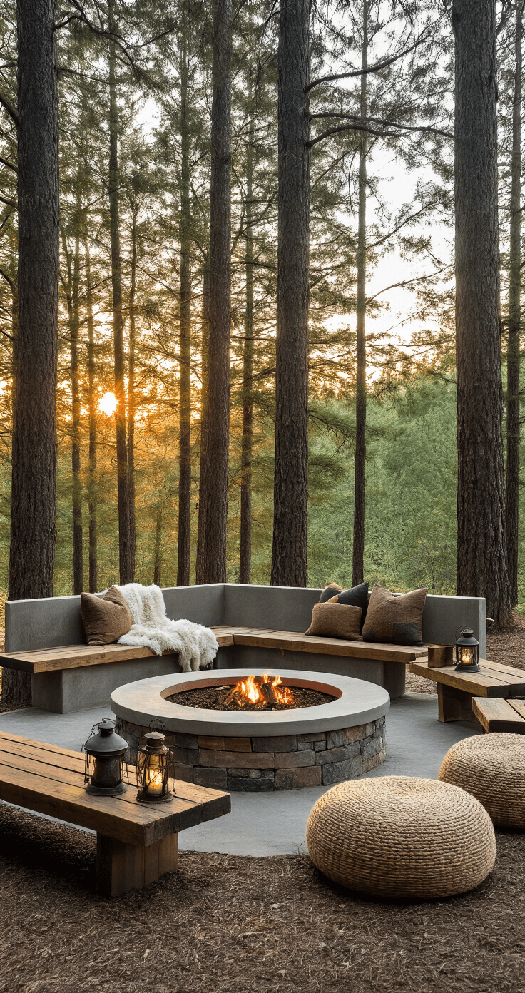 Cozy woodland retreat at sunset featuring a natural concrete fire pit surrounded by reclaimed lumber benches with sherpa throws, vintage metal lanterns on a side table, and woven jute poufs, all set against a backdrop of towering pine trees and dappled natural light.