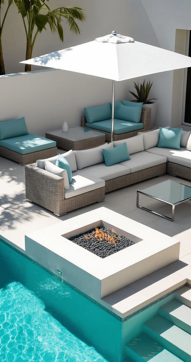 A contemporary poolside lounge featuring a smooth white concrete fire pit with LED underlighting, modern wicker sectional in light gray with ice blue cushions, and chrome and glass side tables, all under a white umbrella with turquoise pool water in the background, captured in a drone shot emphasizing geometric relationships and refined luxury.