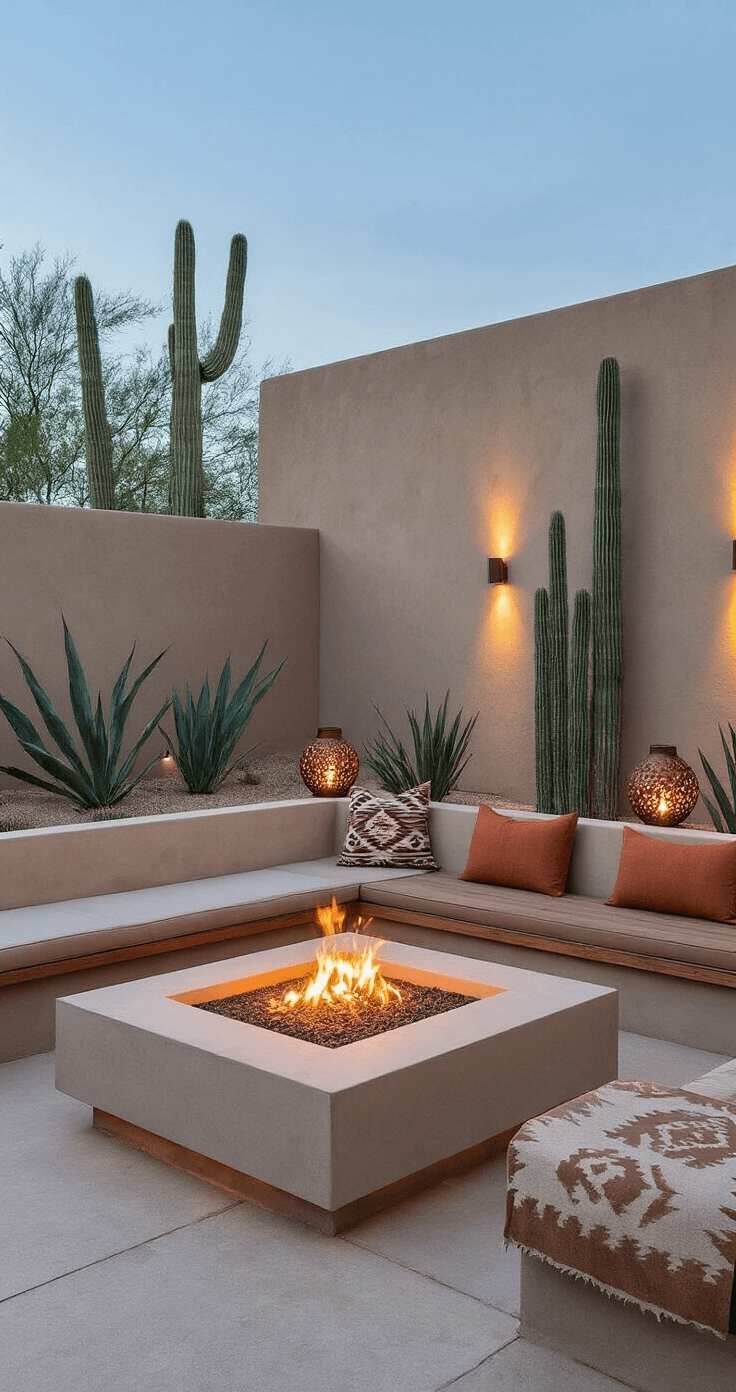 A modern desert patio at twilight featuring a sand-colored concrete fire pit surrounded by a wooden bench, low-angle view showcasing architectural cacti, built-in concrete seating with rust-colored cushions, geometric copper lanterns casting intricate patterns, neutral tribal print throws for added texture, and an adobe wall illuminated by uplighting, all bathed in warm ambient light with hints of blue.