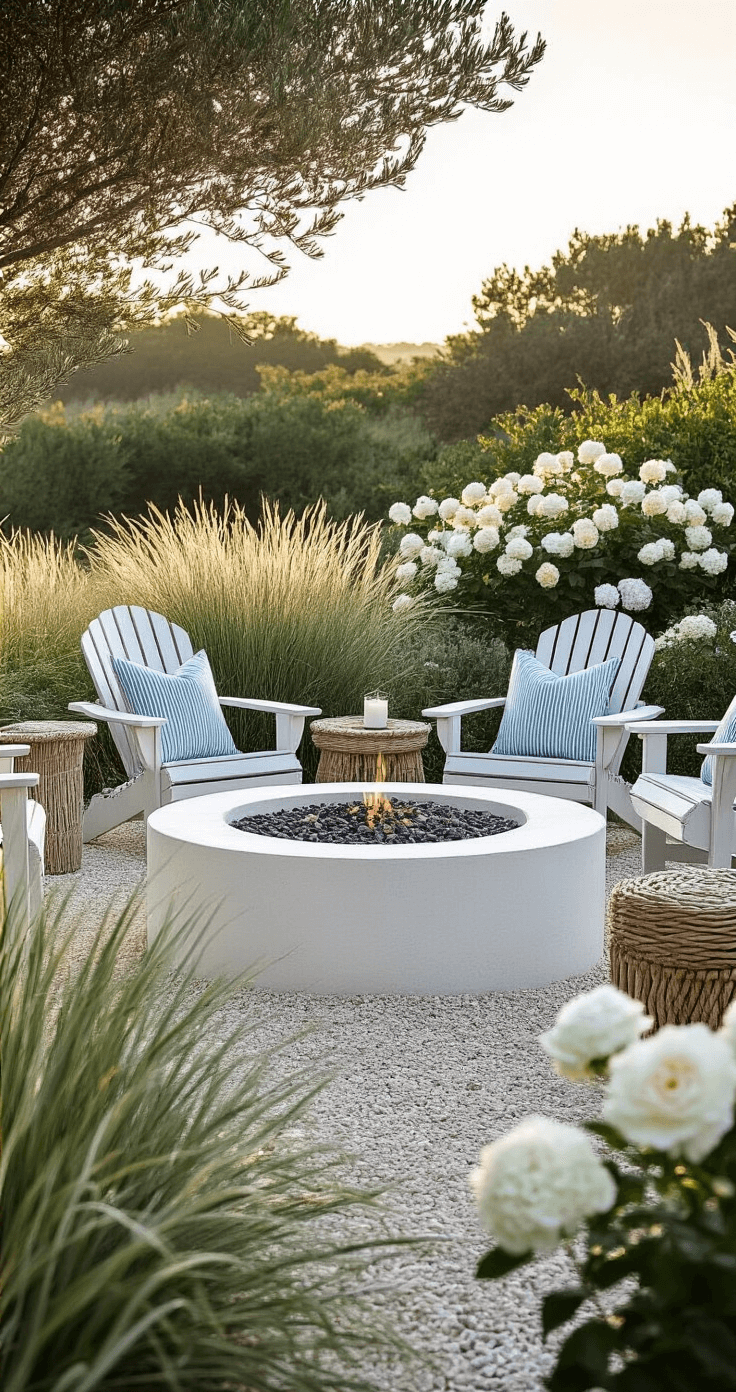 A serene coastal cottage garden at late afternoon, featuring a whitewashed concrete fire pit, distressed sea glass blue Adirondack chairs, and ornamental grasses. White garden roses and hydrangeas frame the scene, complemented by striped marine blue cushions with coral piping. The ambiance is set with soft diffused lighting and a relaxed beach elegance mood.