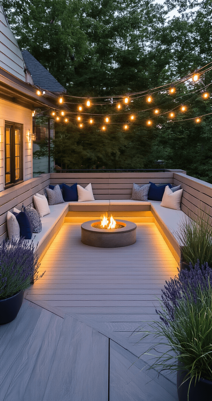 A high-angle view of a stunning L-shaped corner deck at golden hour, showcasing weathered gray herringbone composite decking, built-in cedar benches with plush cream cushions and navy throw pillows, a circular fire pit, string lights overhead, and potted lavender and ornamental grasses, all framed by textured glass railings.