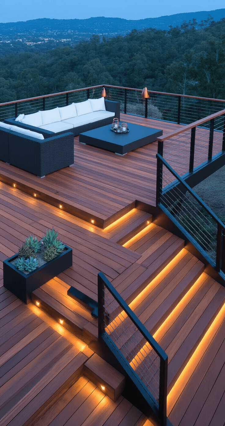 Low-angle view of a twilight elevated corner deck made of ipe wood with black aluminum railings and glass panels, featuring a gray sectional sofa, white cushions, illuminated stairs, copper lanterns, and succulents, overlooking a valley.