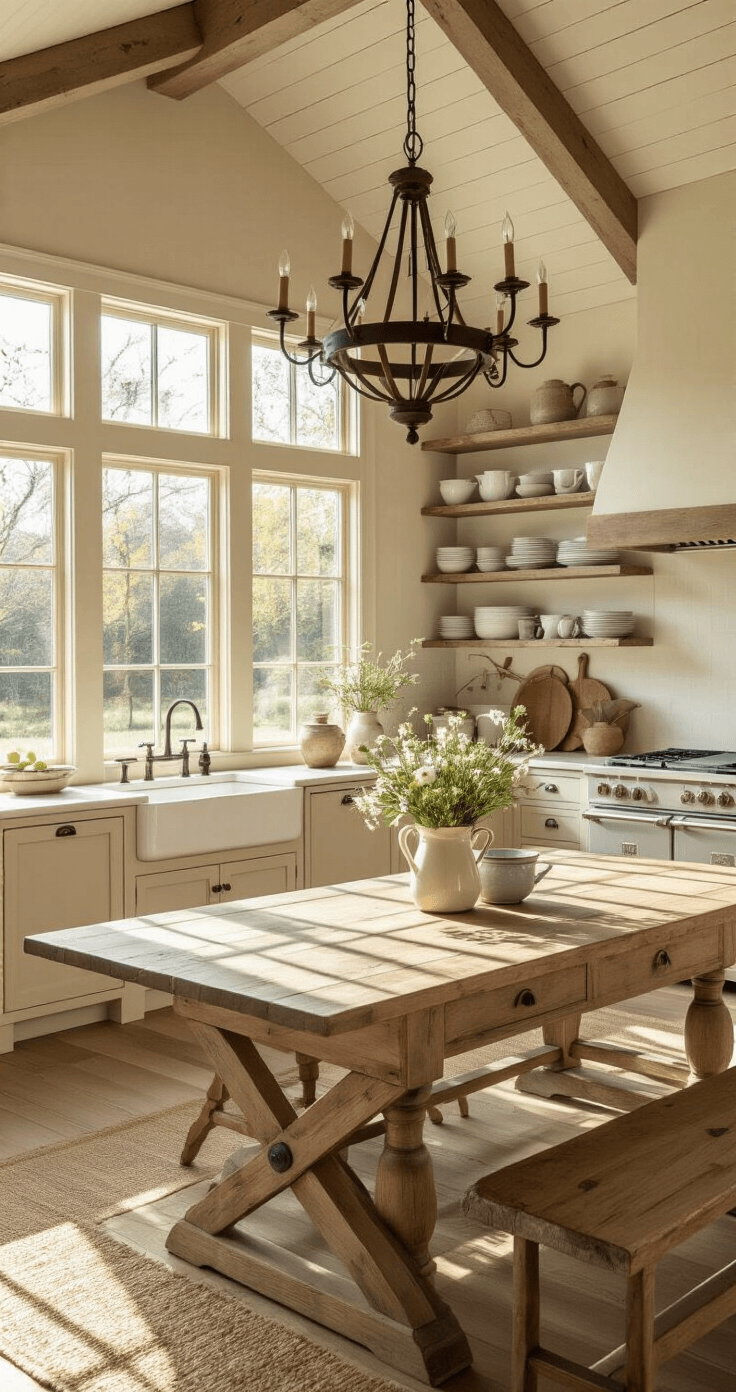 A spacious farmhouse kitchen featuring vaulted ceilings, warm sunlight, a large wooden dining table, vintage apron sink, weathered oak cabinets, and a cozy window seat, with a grand chandelier as the focal point.