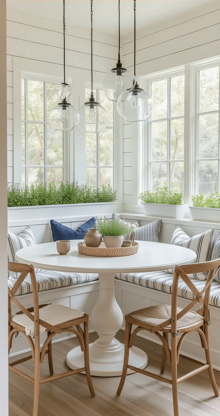 A cozy 12x10ft dining nook bathed in morning light features a round pedestal table with artisanal pottery, a woven table runner, and a small herb garden, surrounded by a built-in bench with striped cushions and two cross-back chairs, beneath a trio of glass pendant lights against shiplap walls.