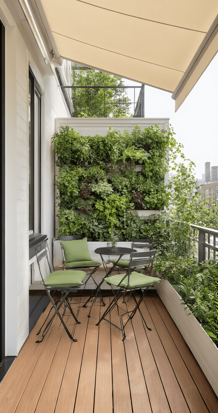 Eye-level view of a compact urban corner deck featuring warm teak composite decking with a white border, a foldable matte black bistro set with sage green cushions, a lush vertical garden wall, and a retractable cream awning, all under natural diffused light.