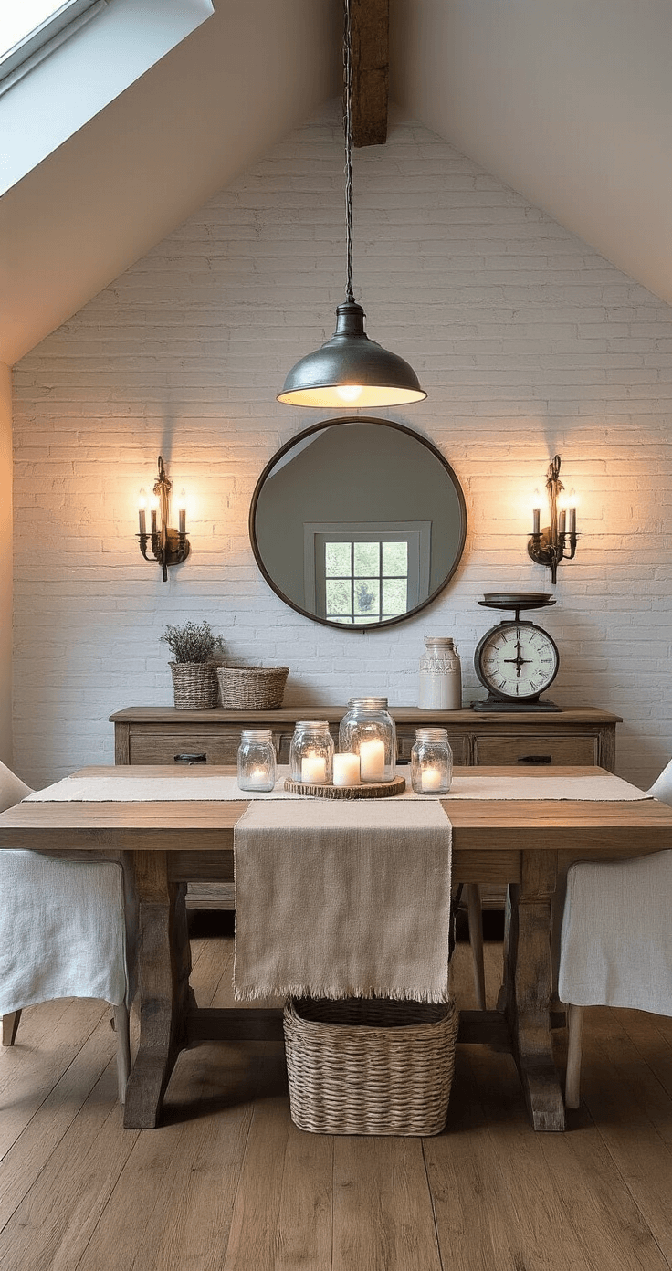 Cozy dining area with sloped ceiling, warm evening lighting, galvanized steel sconces, reclaimed wood sideboard, rectangular farmhouse table with burlap runner and mason jar candle holders, whitewashed brick walls, wide-plank wood flooring, warm greys and dusty blue accents, vintage scale, woven baskets, and a round mirror reflecting the space.