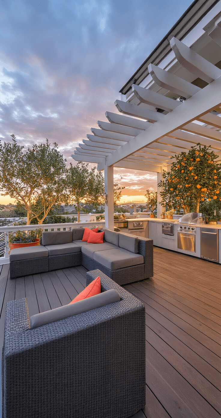 Wide-angle view of a split-level corner deck during sunset, featuring a lower entertaining area with dark walnut decking, a raised lounging space, and a white pergola. The outdoor kitchen showcases stainless steel appliances and concrete counters, while charcoal modular lounge seating with coral accents complements Mediterranean pottery with citrus trees. Dramatic lighting enhances the architectural features.