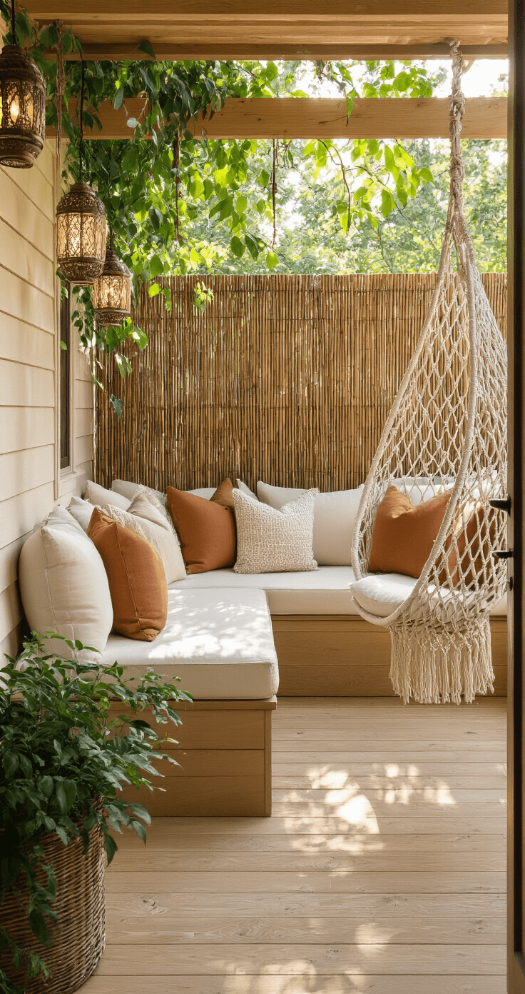 Cozy morning scene featuring a 12x12ft deck nook with blonde wood basket weave decking, an L-shaped daybed adorned with ivory cushions and earth-tone pillows, a macramé hanging chair, whimsical Moroccan lanterns, copper wind chimes, and a bamboo privacy screen with climbing jasmine.