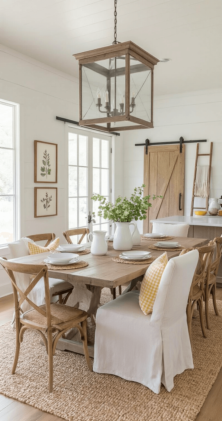 Bright open-concept dining space with a harvest-style table, upholstered and wooden chairs, weathered wood light fixture, barn door, and sunny yellow accents, illuminated by midday sun.