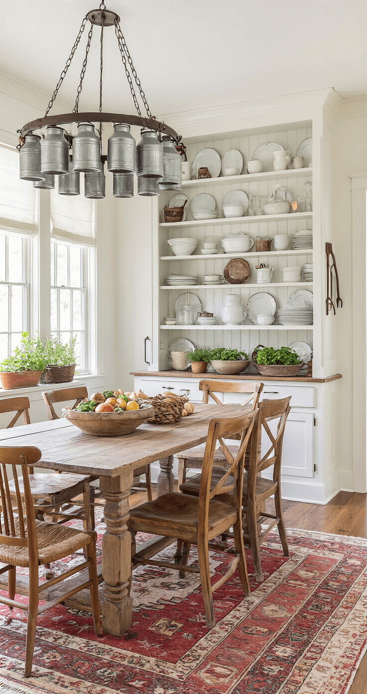 An eclectic dining room featuring a statement chandelier made from repurposed milk cans above a long trestle table, surrounded by mismatched wooden chairs. A floor-to-ceiling built-in hutch displays antique dishes and glassware, with rich hardwood floors partially covered by a vintage-inspired area rug. The color palette includes creamy whites, weathered woods, and faded red accents, complemented by a dough bowl filled with seasonal produce, antique farm tools as wall art, and potted herbs on the windowsill. Soft, diffused lighting enhances the farmhouse vibe, captured from a slight elevation.