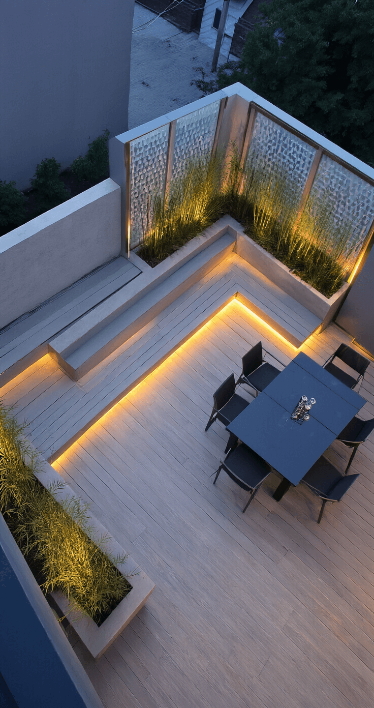 Bird's eye view of a modern corner deck at dusk, featuring light gray composite decking, floating bench seating with LED underlighting, oversized concrete planters with grasses and bamboo, a matte black outdoor dining set, and glass wind barriers with a frosted pattern, all illuminated in a moody atmosphere.