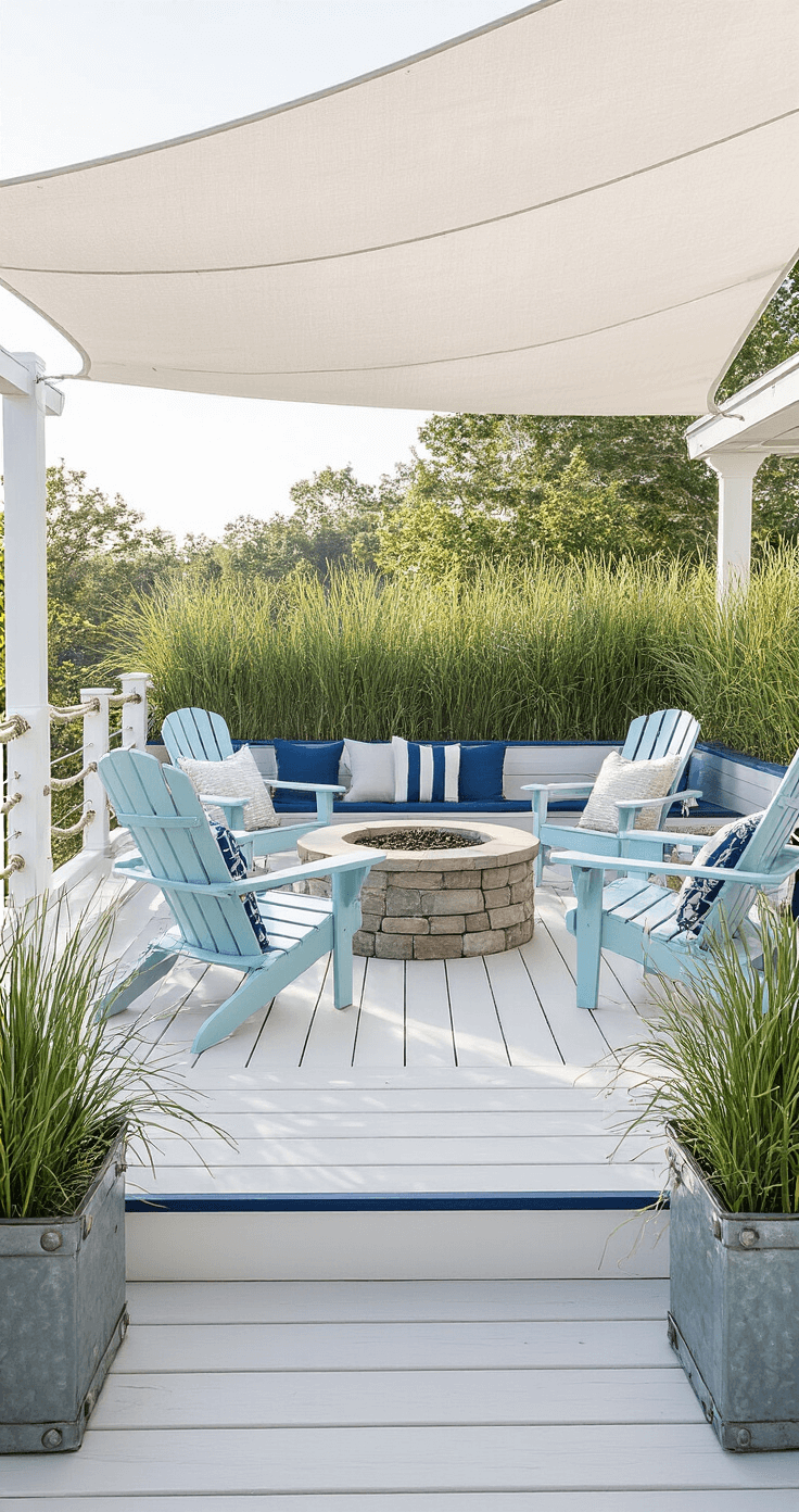 A coastal corner deck featuring a weathered white composite platform with a navy border, adorned with pale blue Adirondack chairs around a stone fire bowl, rope railings, and nautical cleats. A white canvas sail shade provides cover, while tall seagrass in galvanized planters adds privacy, all captured in bright, natural midmorning light.