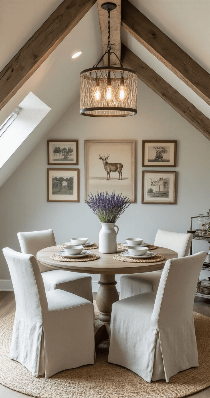 A cozy 10x10ft dining area in a converted attic, featuring a round table with parsons chairs, rustic wooden beams, and a gallery of vintage farm prints. The space is illuminated by recessed lights and a mason jar pendant, styled with dried lavender and woven placemats in a soft grey, white, and sage green palette.