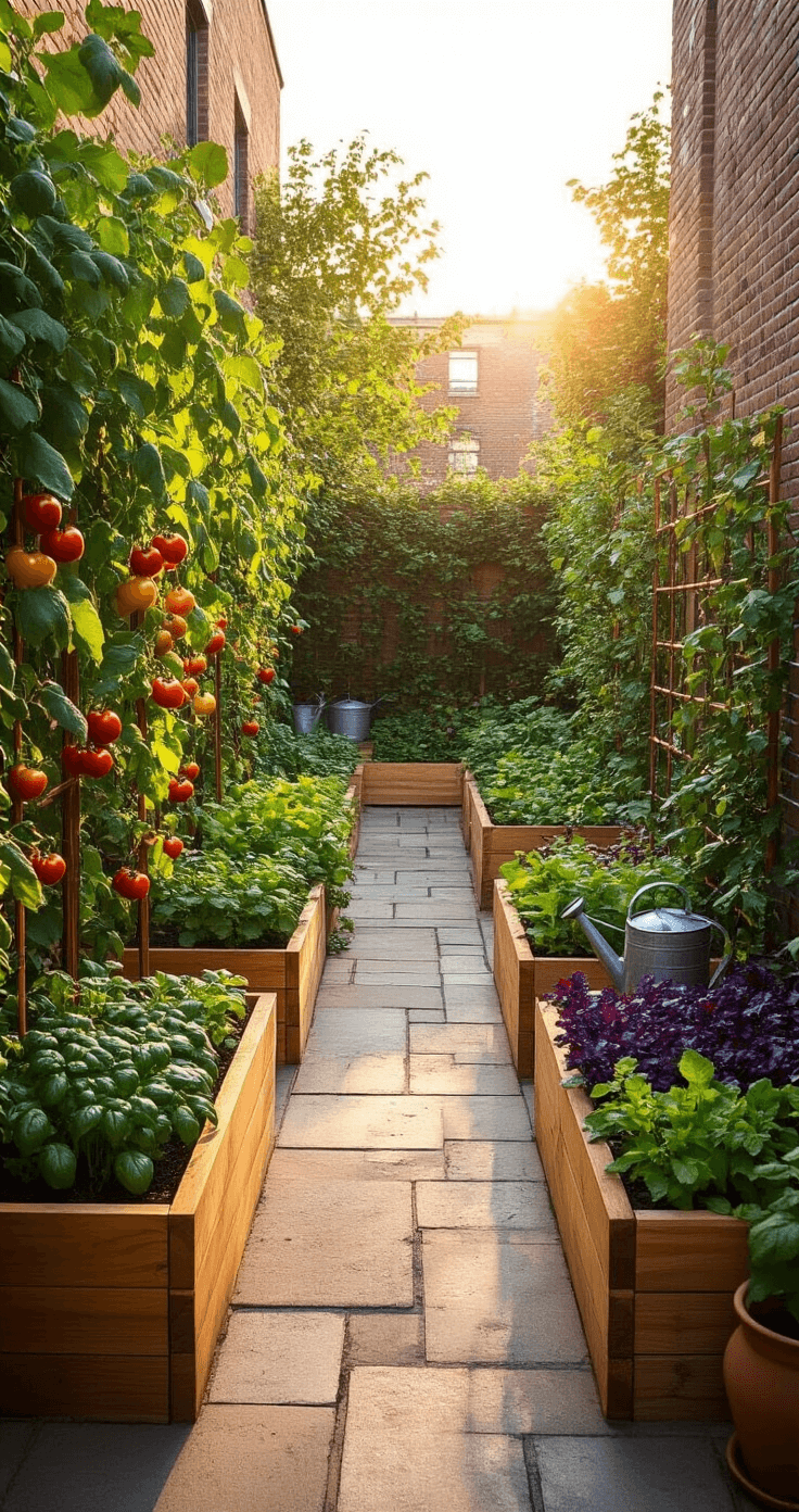 A sunlit urban courtyard garden featuring geometric raised cedar beds filled with lush tomato vines, purple basil, and rainbow chard, captured at golden hour from a high angle, showcasing natural stone pavers and vintage accents.