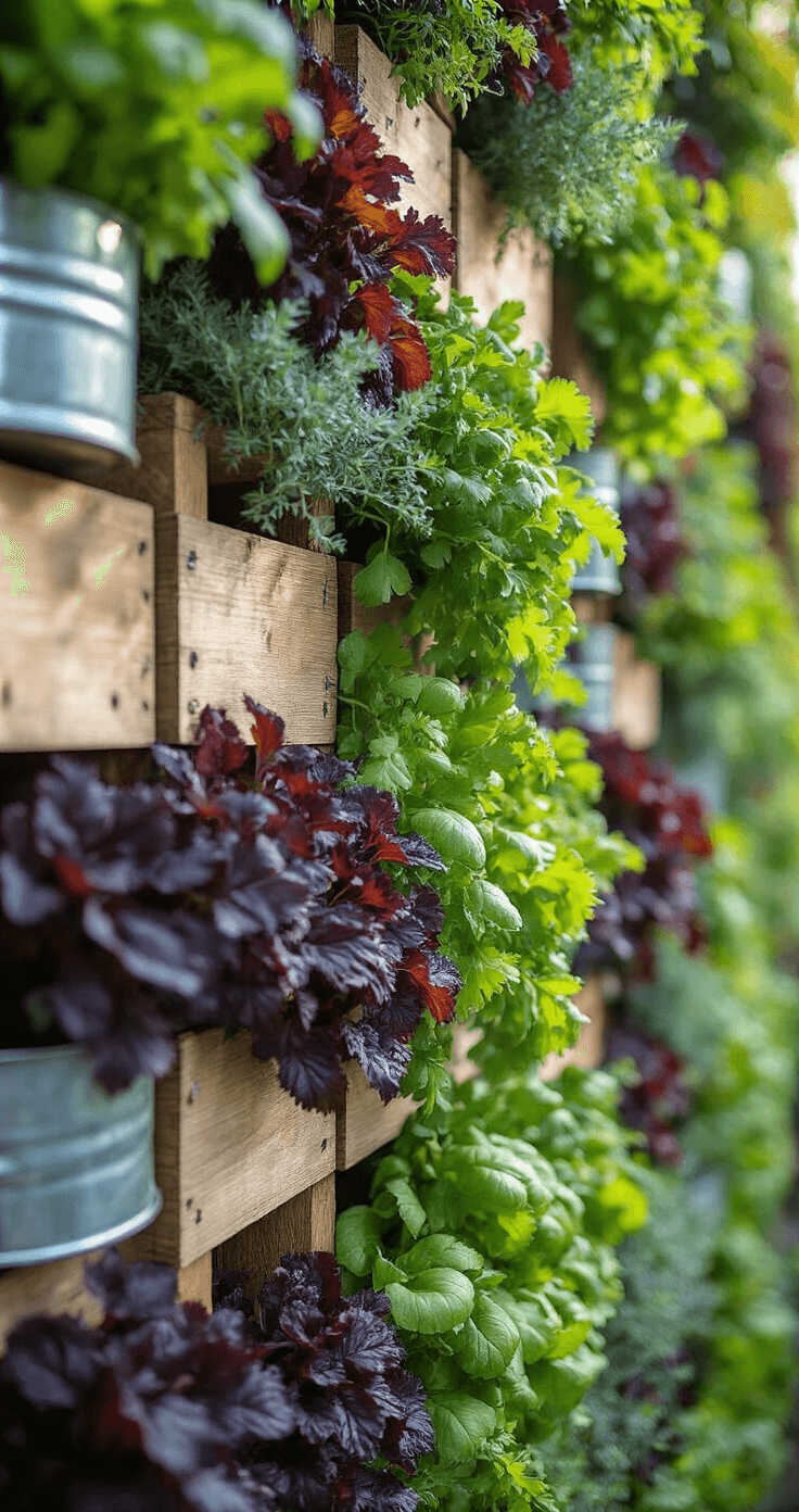 Intimate close-up of a vertical garden wall featuring wooden crates and metal planters filled with cascading herbs and lettuce, showcasing a mix of silver sage, parsley, and burgundy lettuce leaves, illuminated by soft natural light with dew drops visible.