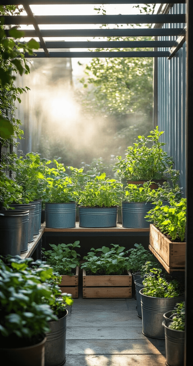 A corner view of a 12x12ft courtyard at dawn, featuring a budget-friendly container garden with vintage enamelware, painted wooden boxes, and upcycled metal buckets on industrial shelving, while morning mist lingers and first light highlights young vegetable seedlings in a cool color palette of blues, grays, and fresh greens.