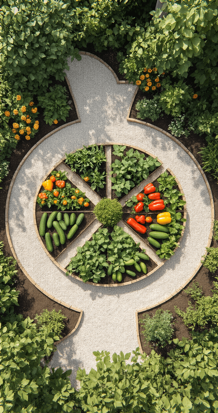 Overhead view of a 20x20ft seasonal courtyard garden featuring a circular raised bed design with wedge-shaped sections planted with colorful summer crops like tomatoes, peppers, and cucumbers, separated by white crushed shell pathways. Hard light is softened by a shade cloth, captured at 25ft elevation with f/8 aperture.