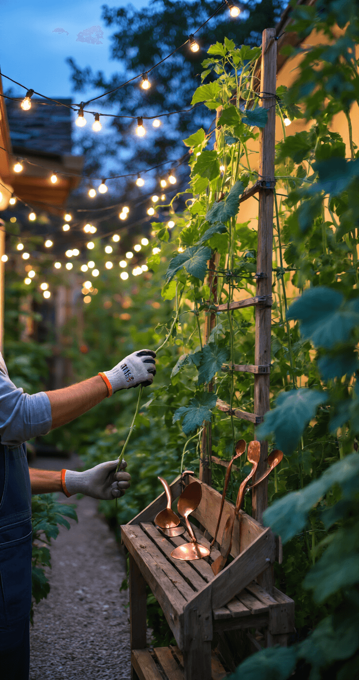 Eye-level view of a gardener in gloves tending to a cucumber trellis in a small courtyard garden at dusk, with twinkling string lights overhead and a weathered wooden tool rack displaying copper tools, all set against a softly blurred background of plants in a moody evening atmosphere.