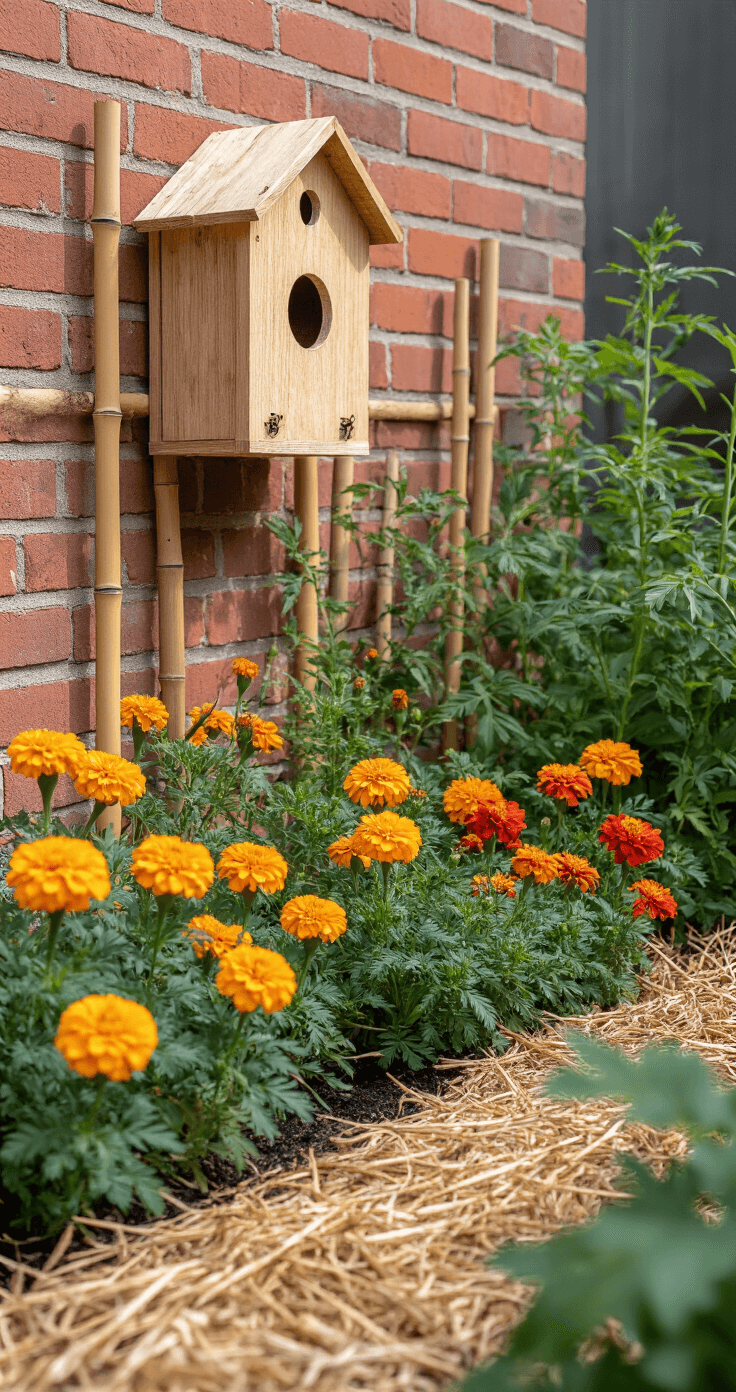 Detail shot of an urban garden corner featuring marigolds and tomatoes, with a beneficial insect house on a reclaimed brick wall, bamboo supports, and straw mulch, highlighted by bright noon lighting to emphasize organic pest prevention methods.