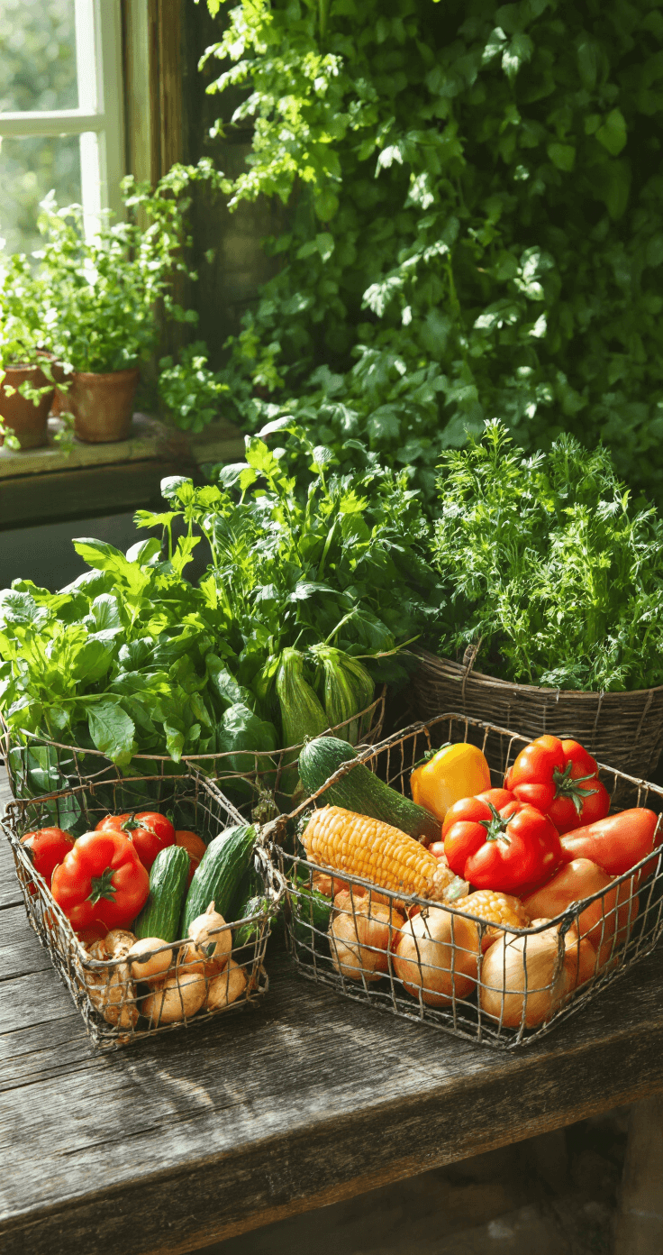 A vignette of freshly harvested vegetables on a weathered wooden table, arranged in vintage wire baskets and enamelware, with water droplets and soil on root vegetables. Morning light filters through a living wall of herbs, creating dappled shadows.