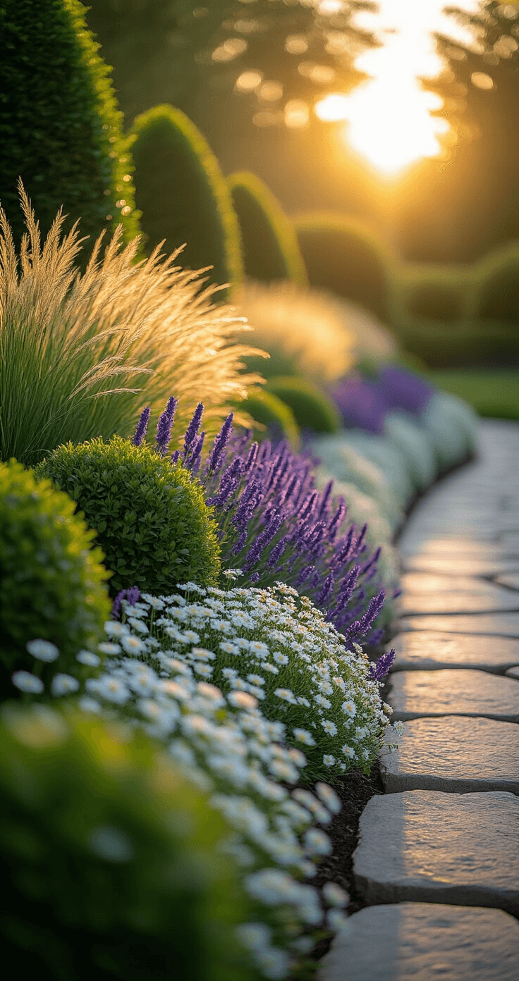 A sunlit garden border with layered plantings featuring boxwood shrubs, cascading purple catmint, and white alyssum, captured at golden hour from a low angle. Morning light highlights ornamental grasses, with a natural stone path in the foreground and soft bokeh on background trees.