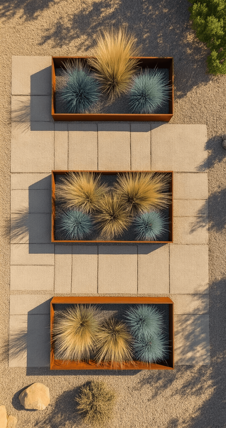 Aerial view of a modern geometric garden with weathered steel edging defining three rectangular beds of drought-resistant grasses, featuring blue fescue and Mexican feather grass, surrounded by decomposed granite paths under late afternoon shadows.
