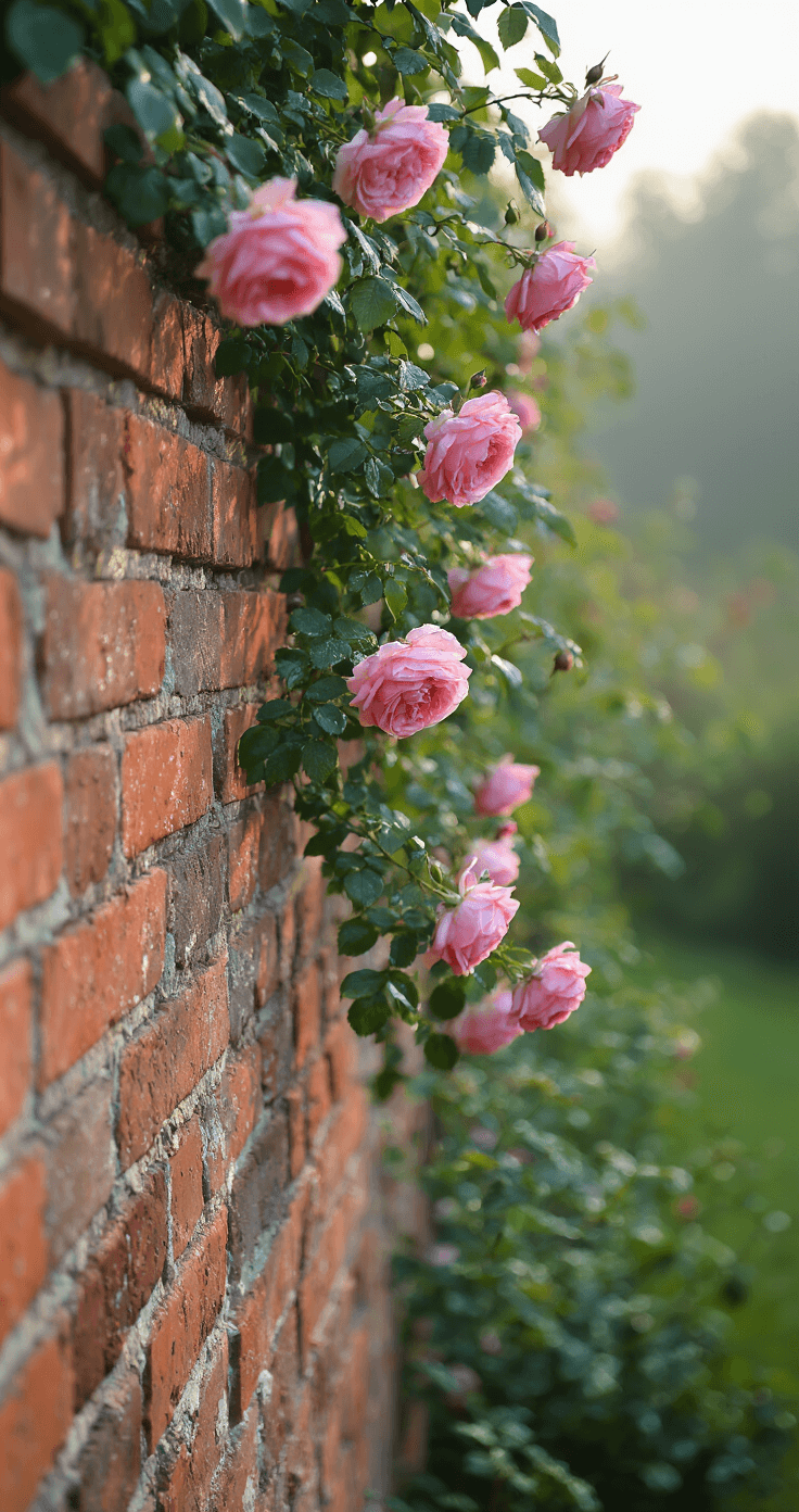 Intimate close-up of a rustic DIY border featuring reclaimed brick in a herringbone pattern, adorned with cascading wild English roses in soft pink, glistening morning dew, and a shallow depth of field highlighting texture contrasts.