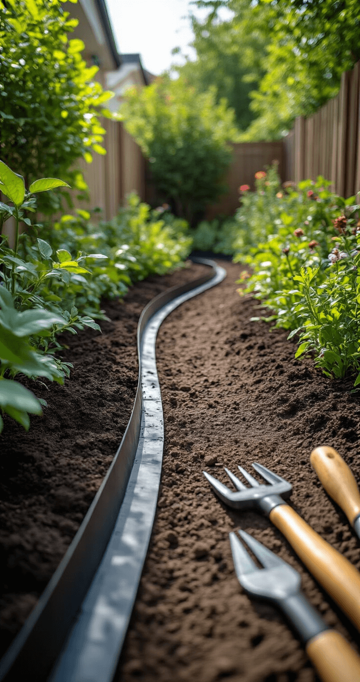 Documentary-style split-frame image showing the installation of a no-dig border; left side depicts a curved 15ft garden section before installation, while the right side shows black plastic edging being installed. Bright natural light illuminates clean lines and organic plants, with garden tools and materials thoughtfully arranged. The color palette includes black edging, rich soil brown, and varied shades of green. Sharp focus emphasizes installation details.