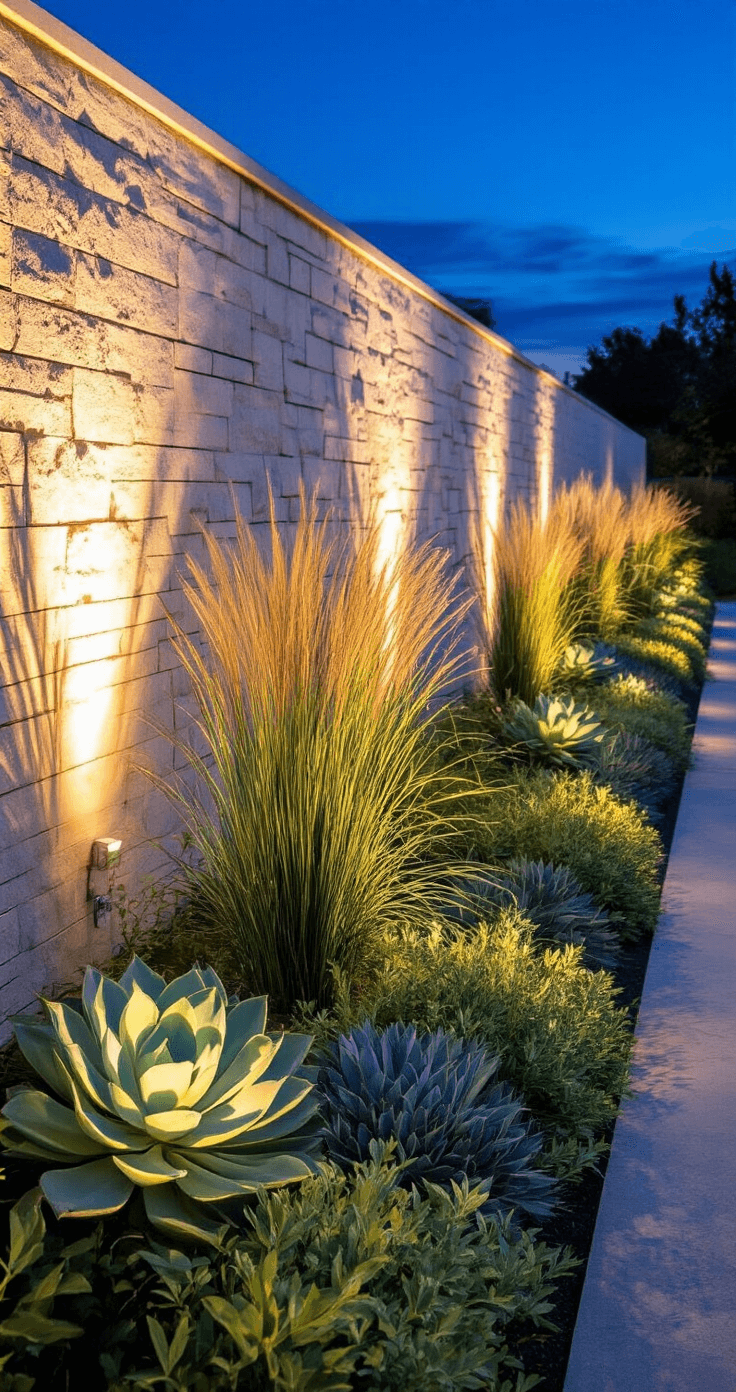 A twilight architectural photograph capturing an illuminated garden border design, with LED landscape lighting casting dramatic shadows from sculptural plant forms against a light stone wall. The mixed border features tall ornamental grasses and architectural succulents, set against a deep blue sky, with warm white lights highlighting the silver-green foliage during blue hour. The image utilizes a long exposure to enhance the lighting effects.