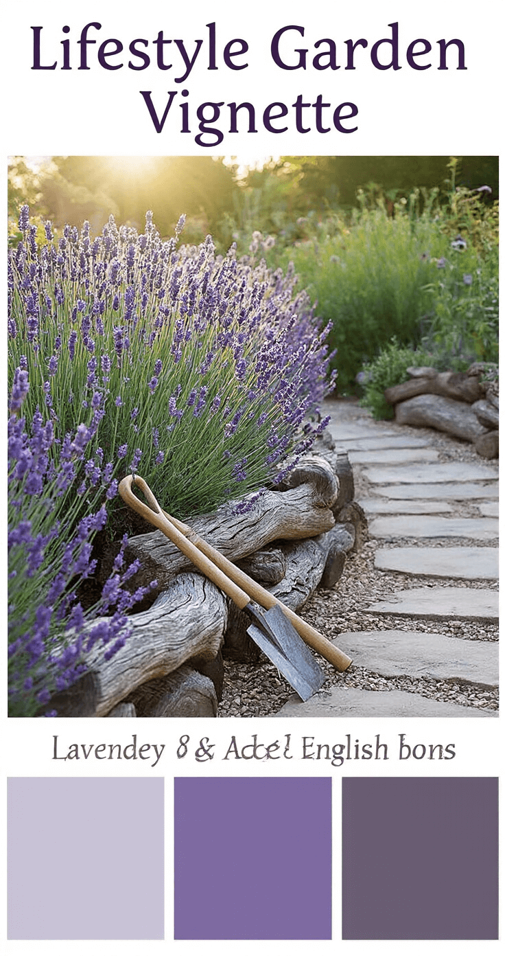 A serene garden scene featuring weathered oak logs lining a cottage path, surrounded by soft purple English lavender in late afternoon backlight, with vintage garden tools resting against the logs, showcasing rich textures and a muted color palette of silvery lavender and aged wood grays.