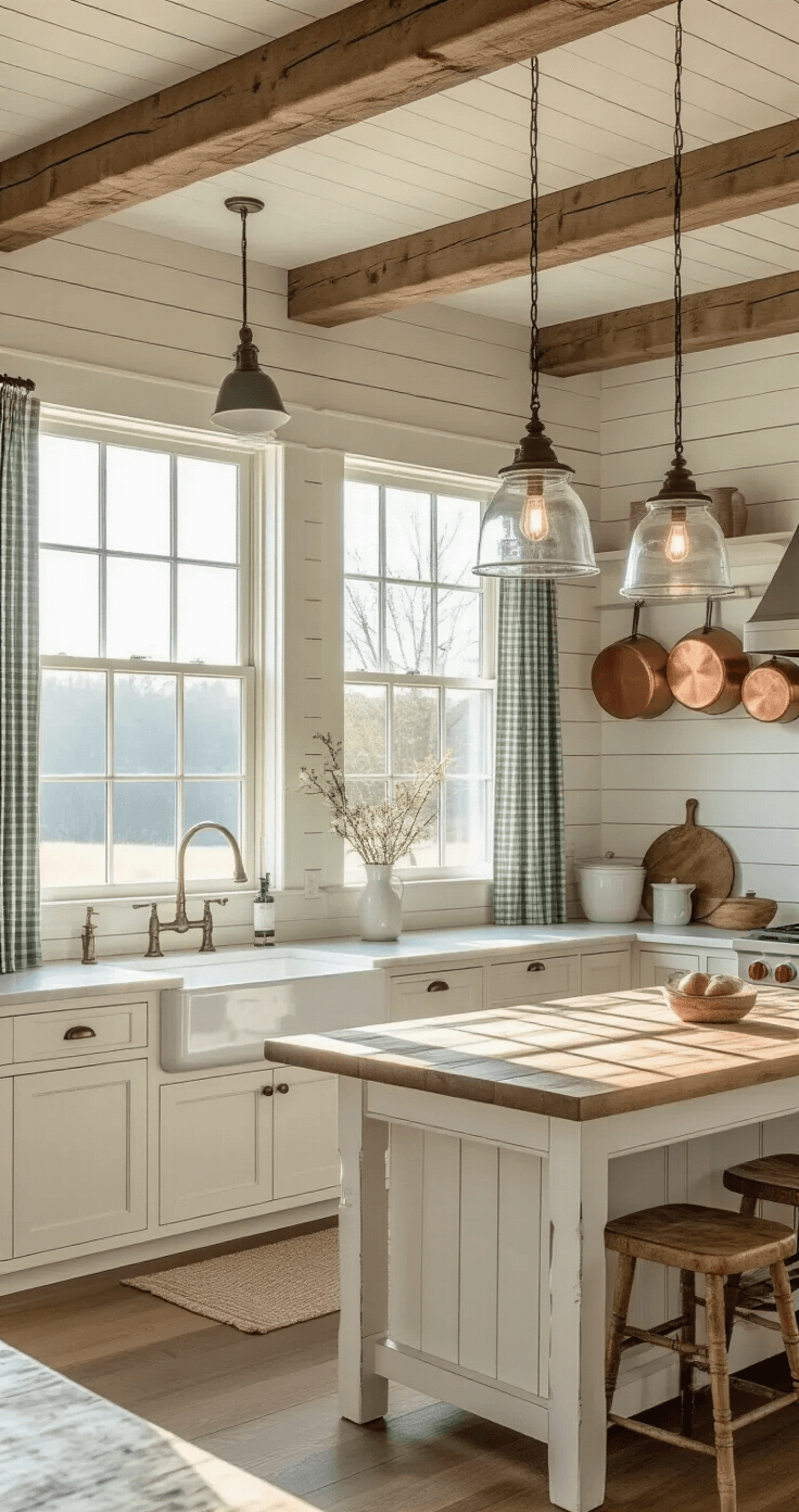 A cozy farmhouse kitchen featuring exposed wooden beams and shiplap walls, with morning sunlight streaming through large windows. The rustic wooden island, adorned with a butcher block top, is illuminated by oversized mason jar pendant lights. A white porcelain farmhouse sink below gingham-curtained windows, and vintage copper pots hanging above, complement the warm white and natural wood tones with hints of muted blue-green.