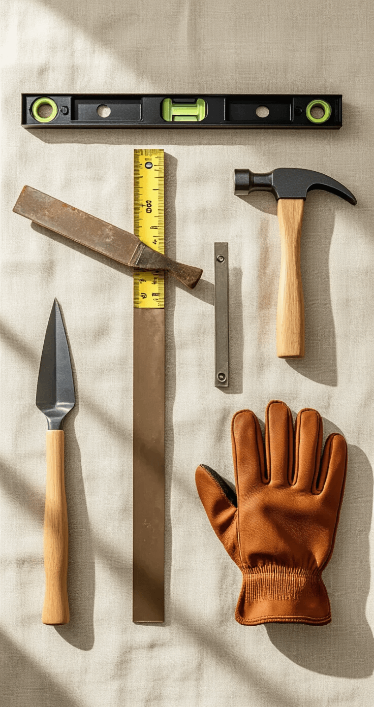 Educational flat-lay of essential border installation tools on natural linen, featuring a measuring tape, level, mallet, steel edging samples, and gardening gloves, illuminated by natural light from the left, showcasing warm metal and leather tones with clear focus.