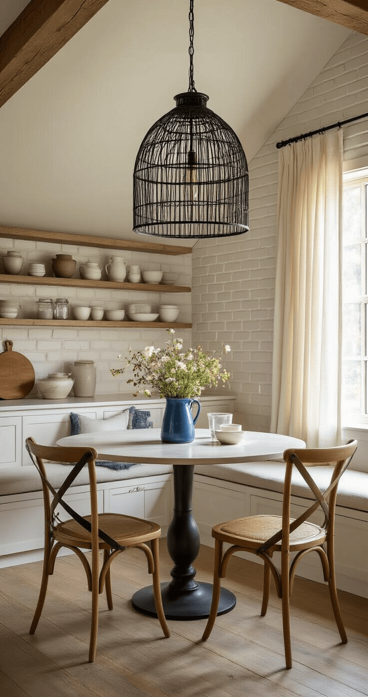 A cozy eat-in kitchen nook with a vaulted ceiling and whitewashed brick wall, featuring a round pedestal table with mismatched chairs, a black metal pendant light, wildflowers in a blue enamel pitcher, and open shelving displaying pottery. The warm golden hour light casts dramatic shadows, creating an intimate and relaxed atmosphere.