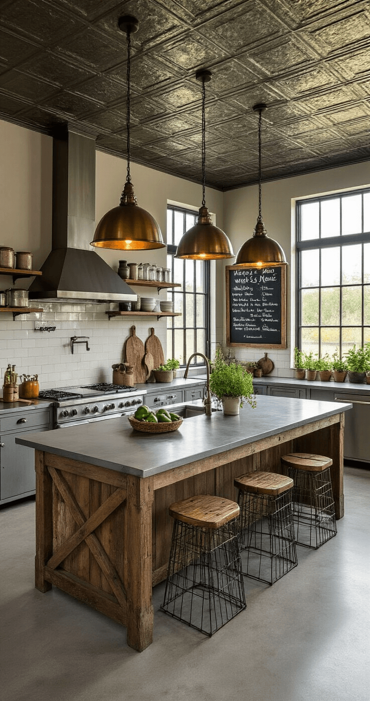 An industrial-inspired farmhouse kitchen featuring polished concrete floors, a pressed tin ceiling, and factory-style windows. Antique brass pendant lights hang over a zinc-topped island with a weathered wood base, surrounded by wire basket stools. Open metal shelving displays enamelware and glass canisters, while a large chalkboard shows the week's menu, all illuminated by warm evening light.