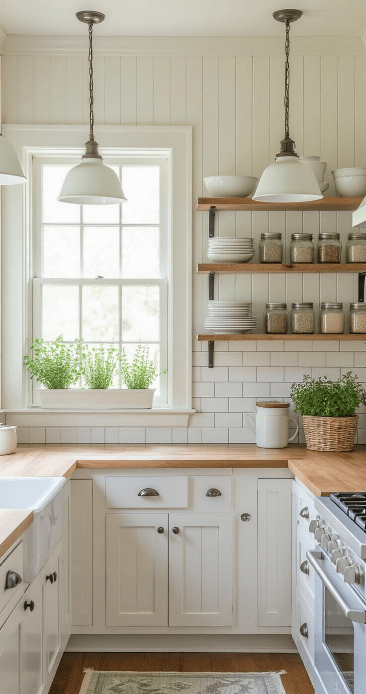 A charming galley kitchen with beadboard wainscoting and subway tile backsplash, illuminated by mid-morning light. Two white enamel barn light pendants hang over a narrow butcher block counter, with open wooden shelves displaying ironstone dishes and mason jars filled with dry goods. A small herb garden thrives in the window sill, complemented by a color palette of crisp whites, warm wood tones, and touches of sage green.