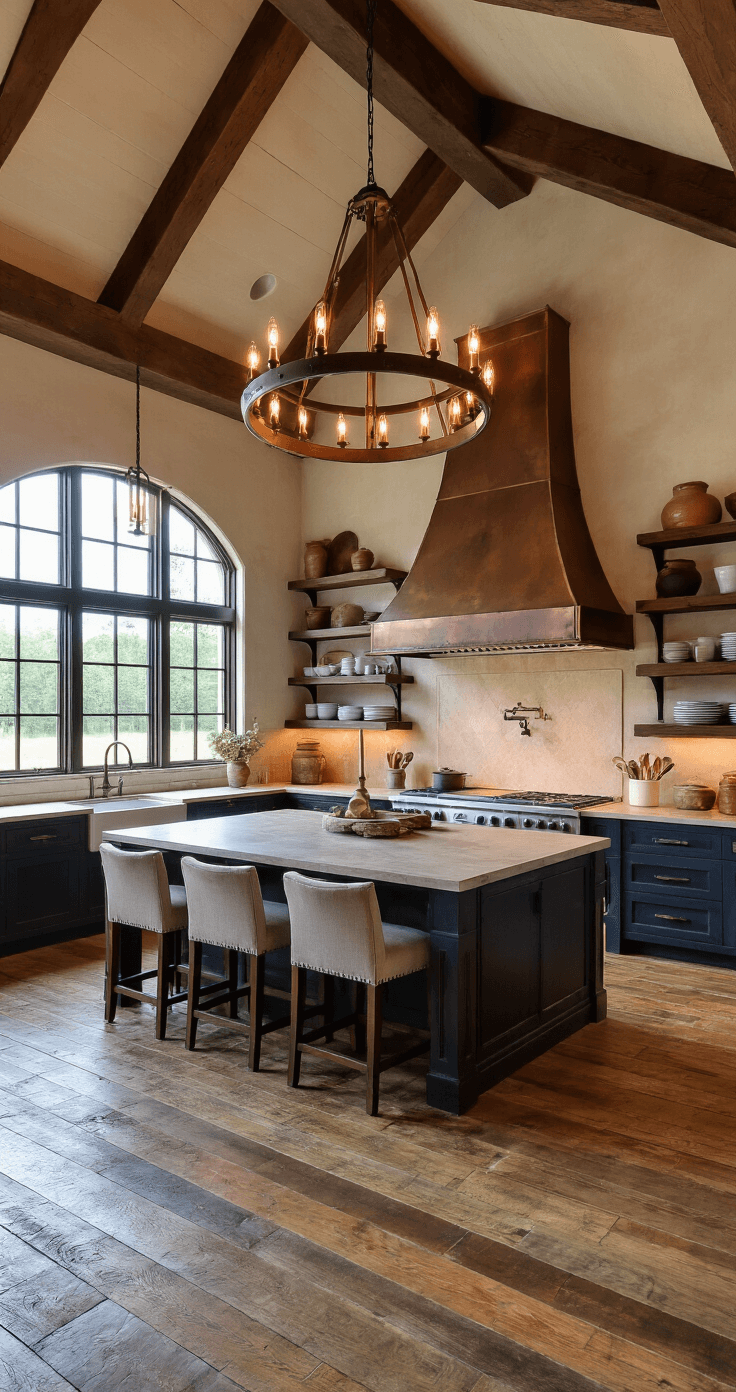 A grand farmhouse kitchen with cathedral ceilings, reclaimed barn wood floors, and dusk light through arched windows, featuring a massive iron chandelier, oversized island with limestone top, upholstered barstools, and a large copper hood over a professional-grade range, all in warm neutrals with aged copper and deep navy accents. Low angle shot emphasizes the height and luxury of the space, enhanced by dim natural light and warm glowing pools of light.